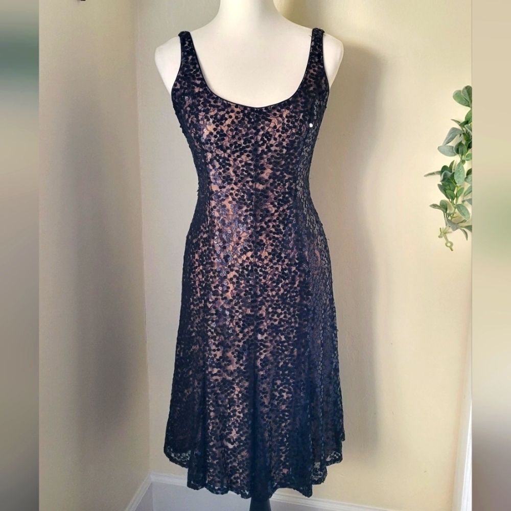 Carmen Marc Valvo Black Lace Overlay Midi Dress with Nude Lining